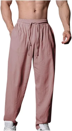 Men's Linen Pants Casual Loose Fit Workout Yoga Pants Drawstring Lightweight Baggy Beach Summer Trousers with Pockets