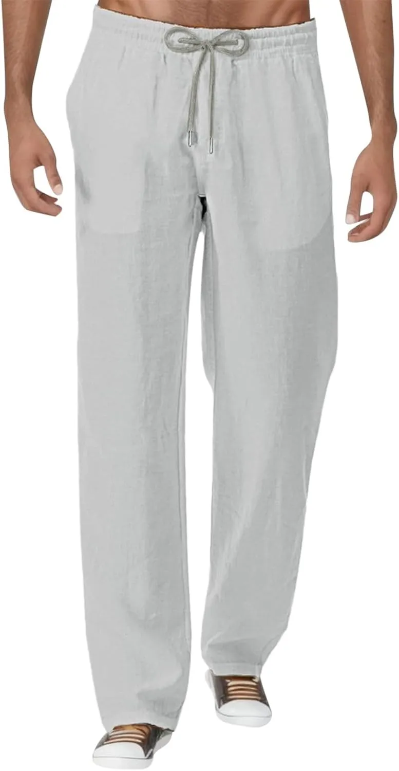 Men's Linen Pants Sports Joggers Elastic Waist Straight Leg Loose Fit Lightweight Yoga Beach Trousers with Pockets