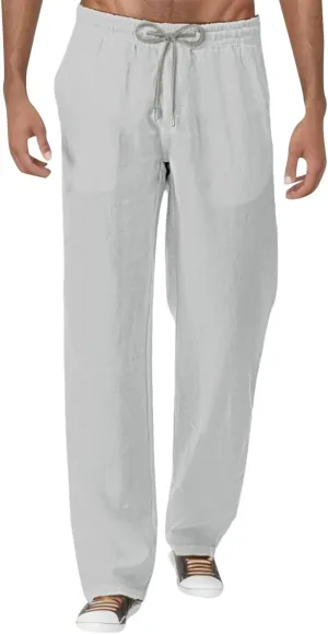 Men's Linen Pants Sports Joggers Elastic Waist Straight Leg Loose Fit Lightweight Yoga Beach Trousers with Pockets