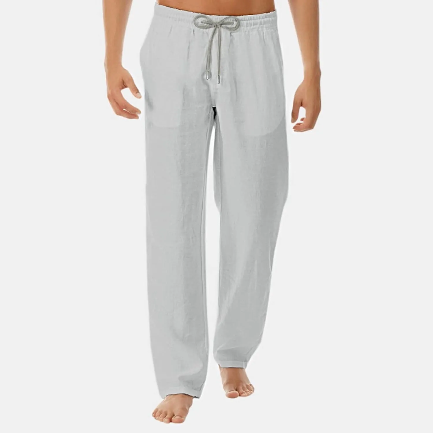 Men's Linen Pants Sports Joggers Elastic Waist Straight Leg Loose Fit Lightweight Yoga Beach Trousers with Pockets