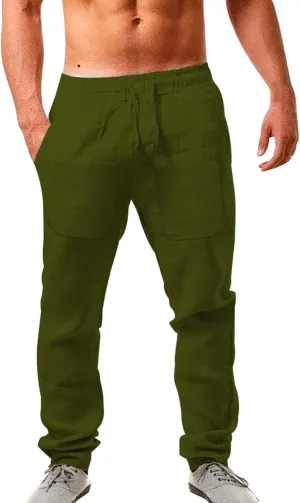 Men's Linen Pants with Pockets Lightweight Plain Casual Slacks Summer Outdoor Vacation Beach Trousers Open Bottom