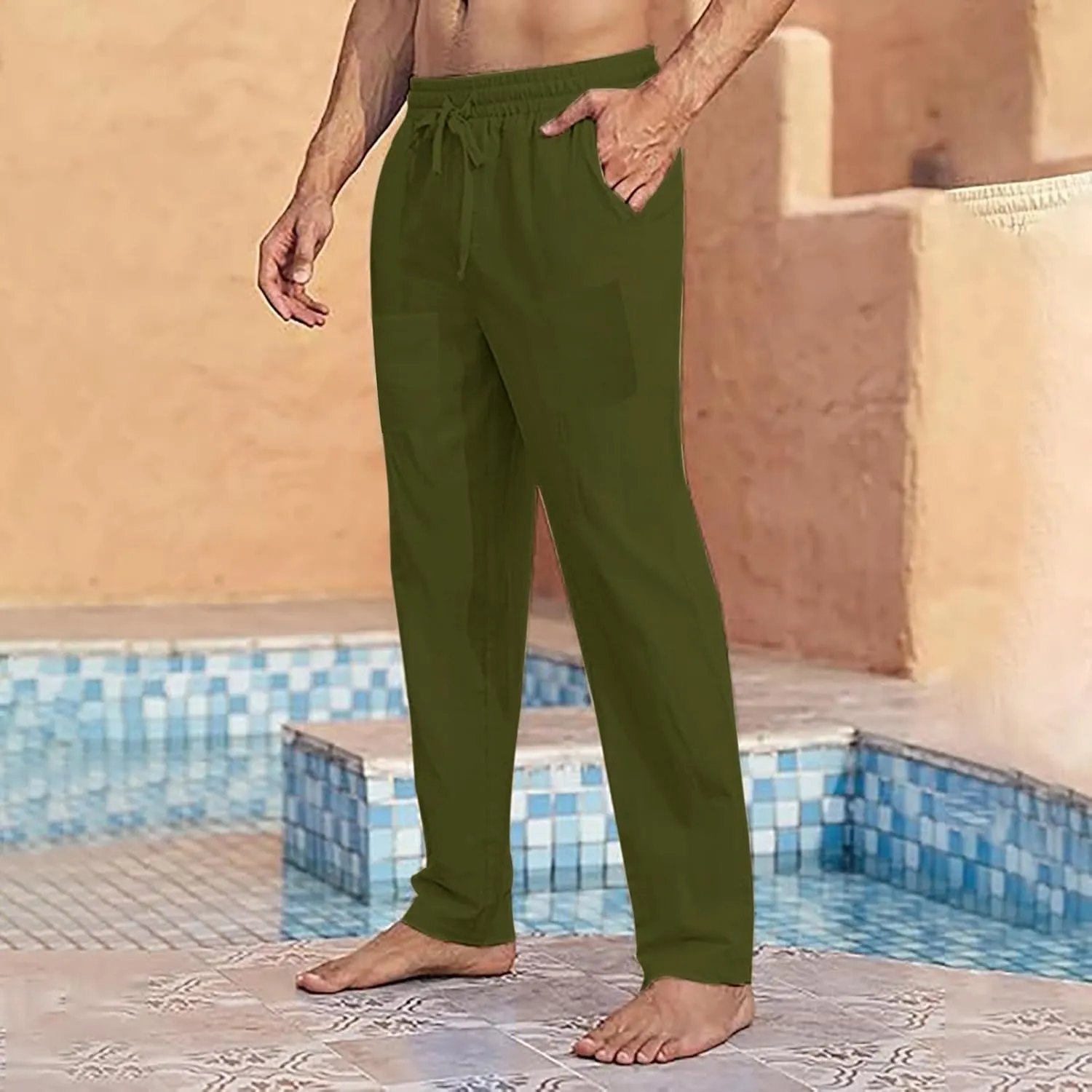 Men's Linen Pants with Pockets Lightweight Plain Casual Slacks Summer Outdoor Vacation Beach Trousers Open Bottom