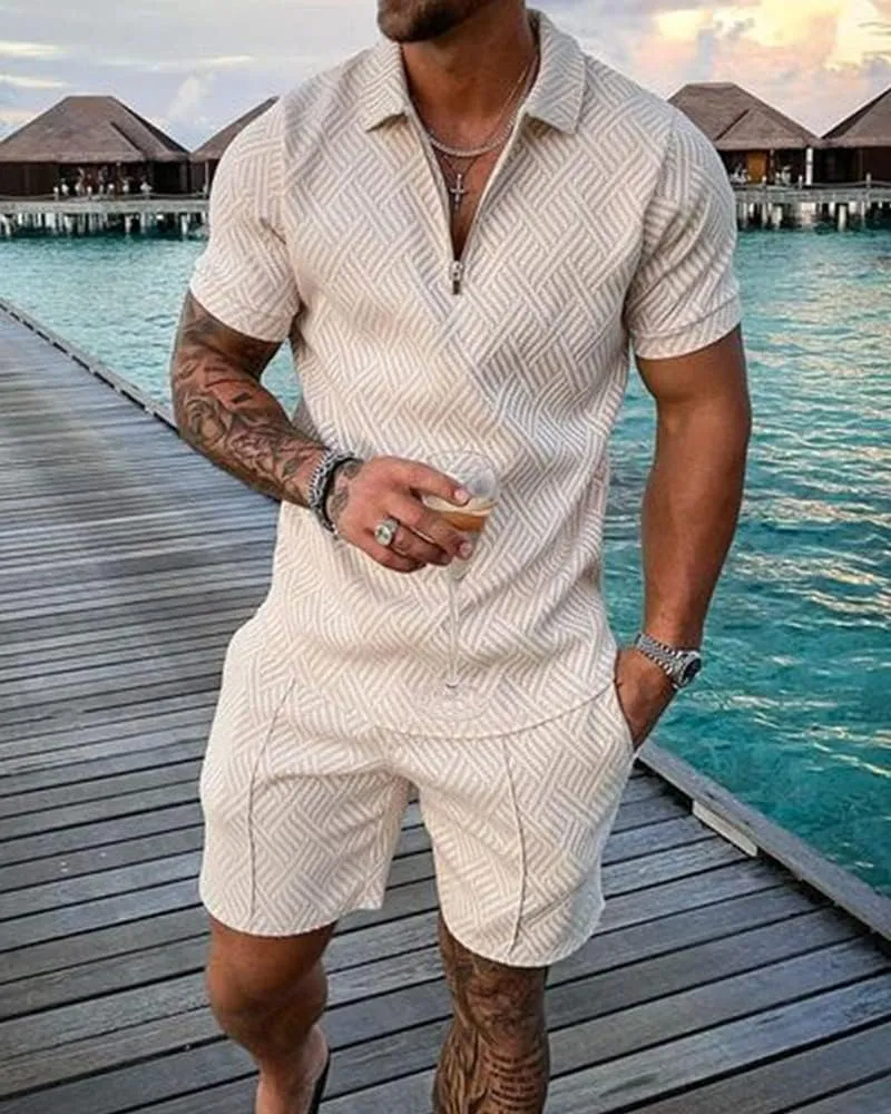 Mens Short Sets 2 Piece Outfits Short Sleeve Zipper Polo Shirts and Shorts Sets Classic Gym Workout Summer Tracksuits