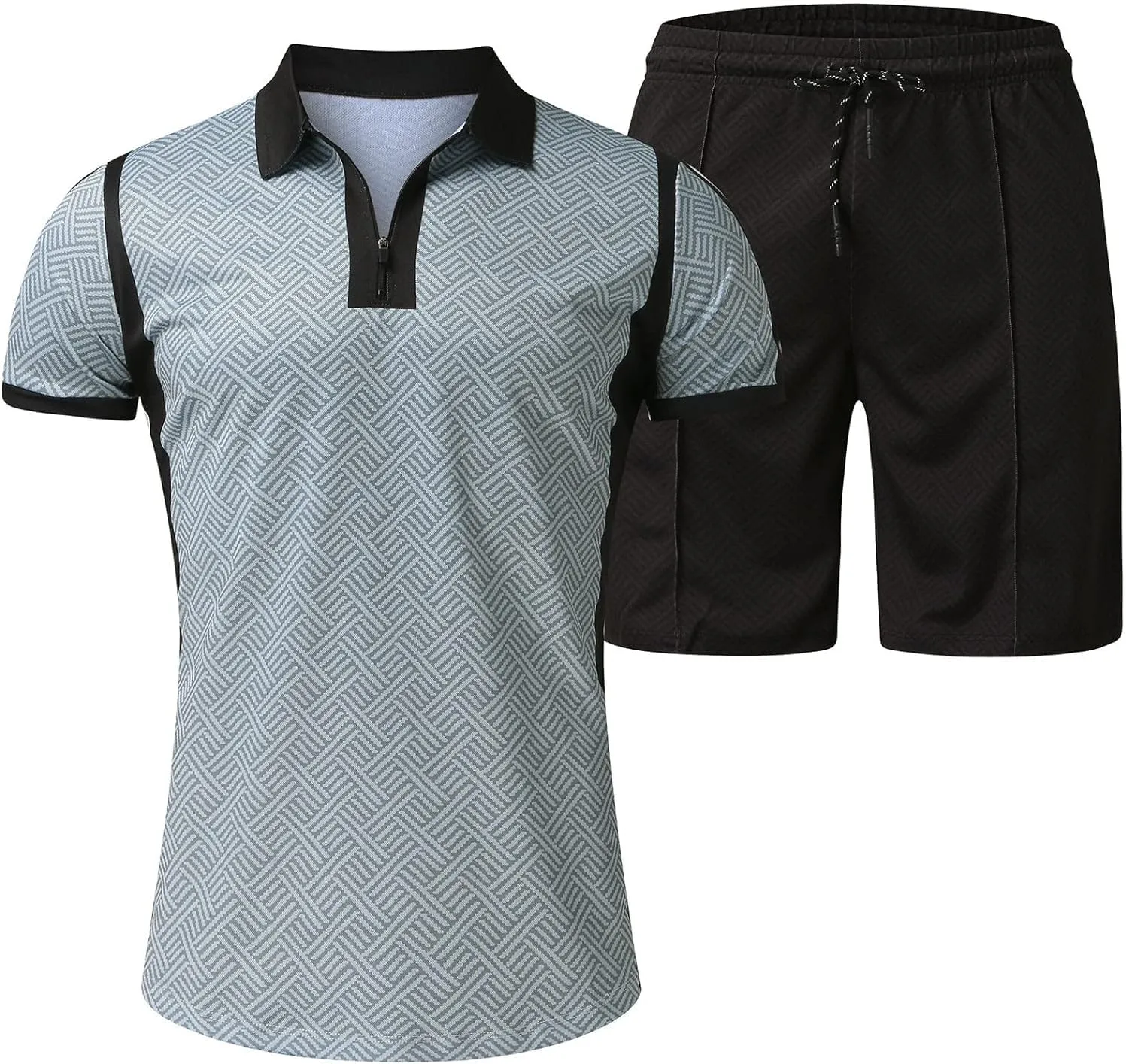 Mens Short Sets 2 Piece Outfits Short Sleeve Zipper Polo Shirts and Shorts Sets Classic Gym Workout Summer Tracksuits