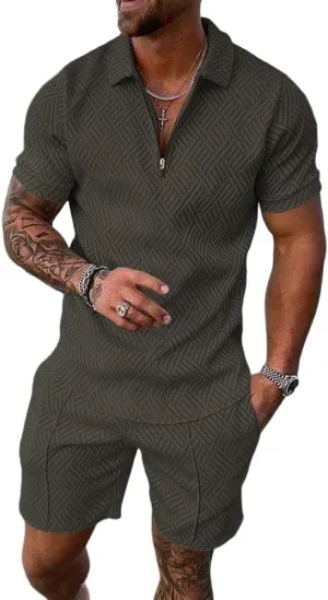 Mens Short Sets 2 Piece Outfits Short Sleeve Zipper Polo Shirts and Shorts Sets Classic Gym Workout Summer Tracksuits