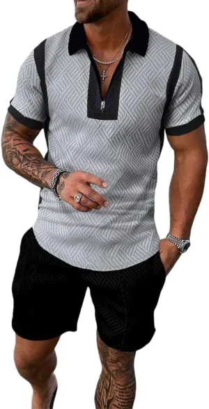 Mens Short Sets 2 Piece Outfits Short Sleeve Zipper Polo Shirts and Shorts Sets Classic Gym Workout Summer Tracksuits