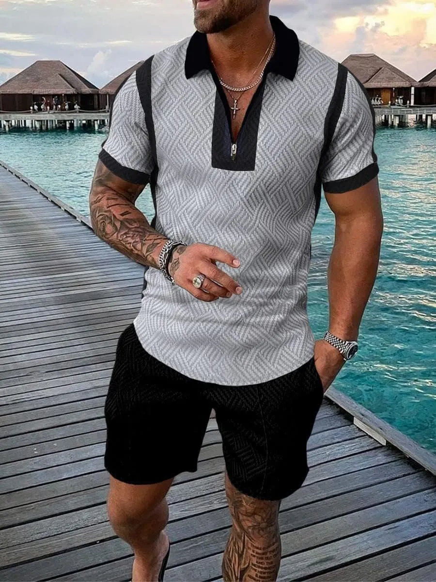Mens Short Sets 2 Piece Outfits Short Sleeve Zipper Polo Shirts and Shorts Sets Classic Gym Workout Summer Tracksuits