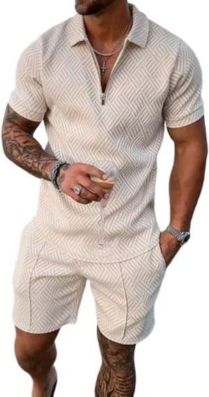 Mens Short Sets 2 Piece Outfits Short Sleeve Zipper Polo Shirts and Shorts Sets Classic Gym Workout Summer Tracksuits