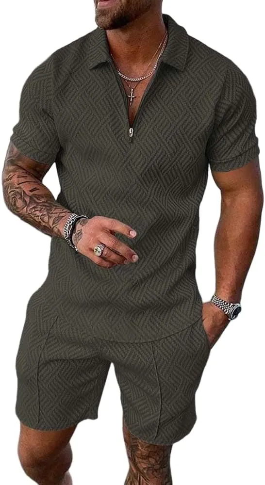 Mens Short Sets 2 Piece Outfits Short Sleeve Zipper Polo Shirts and Shorts Sets Classic Gym Workout Summer Tracksuits