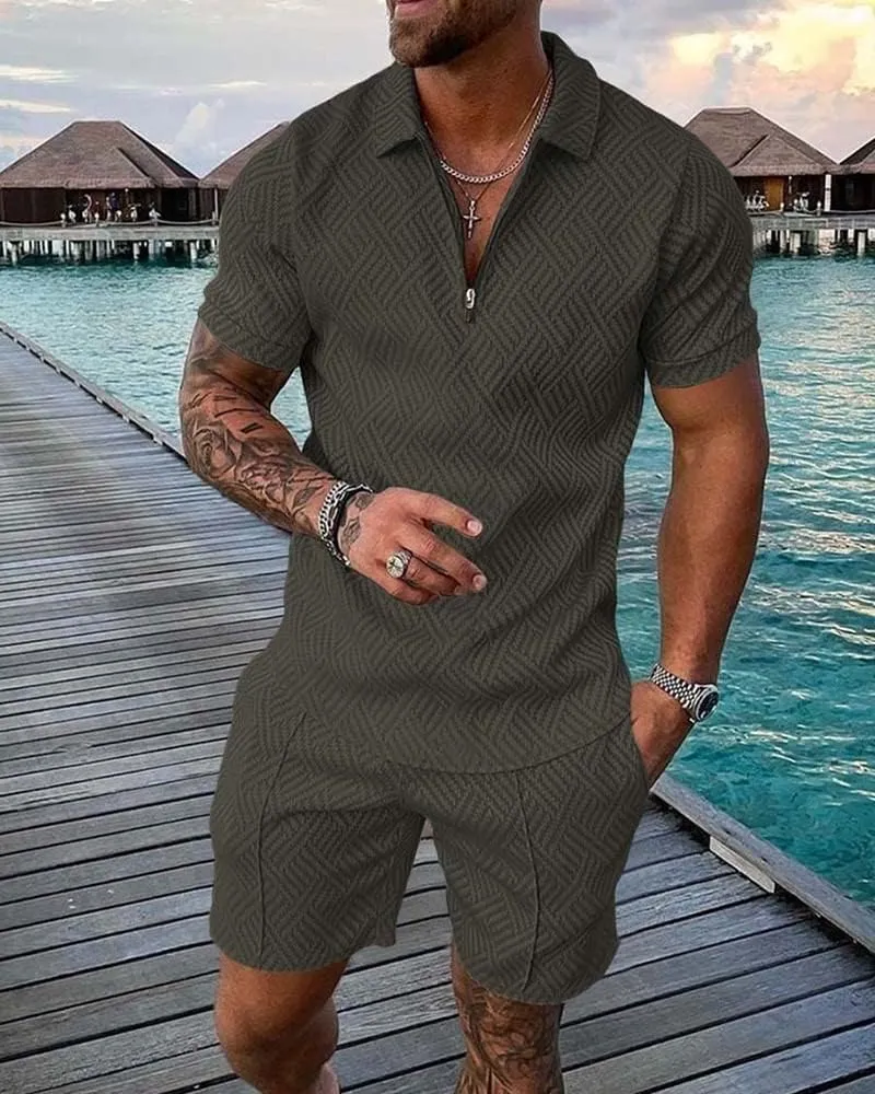 Mens Short Sets 2 Piece Outfits Short Sleeve Zipper Polo Shirts and Shorts Sets Classic Gym Workout Summer Tracksuits