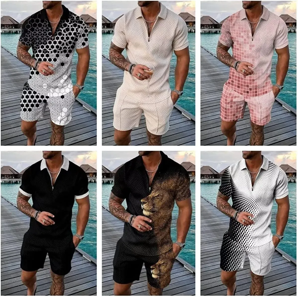 Mens Short Sets 2 Piece Outfits Short Sleeve Zipper Polo Shirts and Shorts Sets Classic Gym Workout Summer Tracksuits