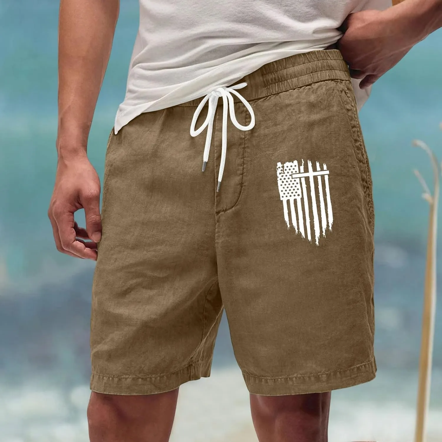 Men's Shorts Casual Drawstring Shorts with USA Flag Patch Elastic Waist Summer Loose Fit Beach Shorts with Pockets