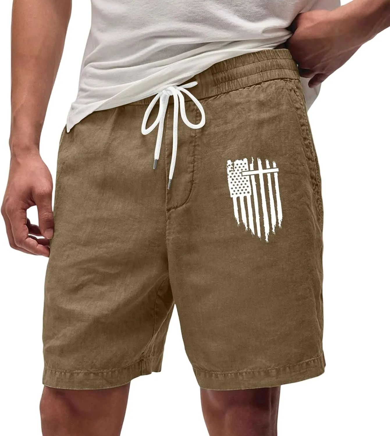 Men's Shorts Casual Drawstring Shorts with USA Flag Patch Elastic Waist Summer Loose Fit Beach Shorts with Pockets