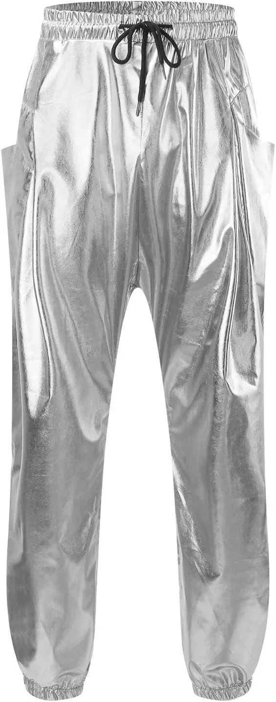 Men's Spring Summer Fashion Causal Pants Overalls Solid Color Bright Leather Trousers Slim Fit Drawstring Joggers