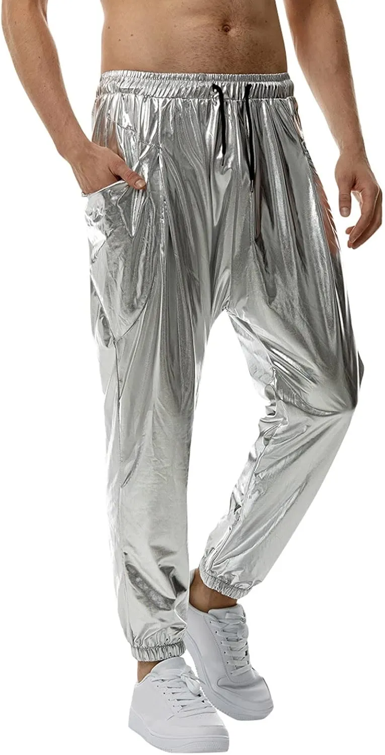 Men's Spring Summer Fashion Causal Pants Overalls Solid Color Bright Leather Trousers Slim Fit Drawstring Joggers
