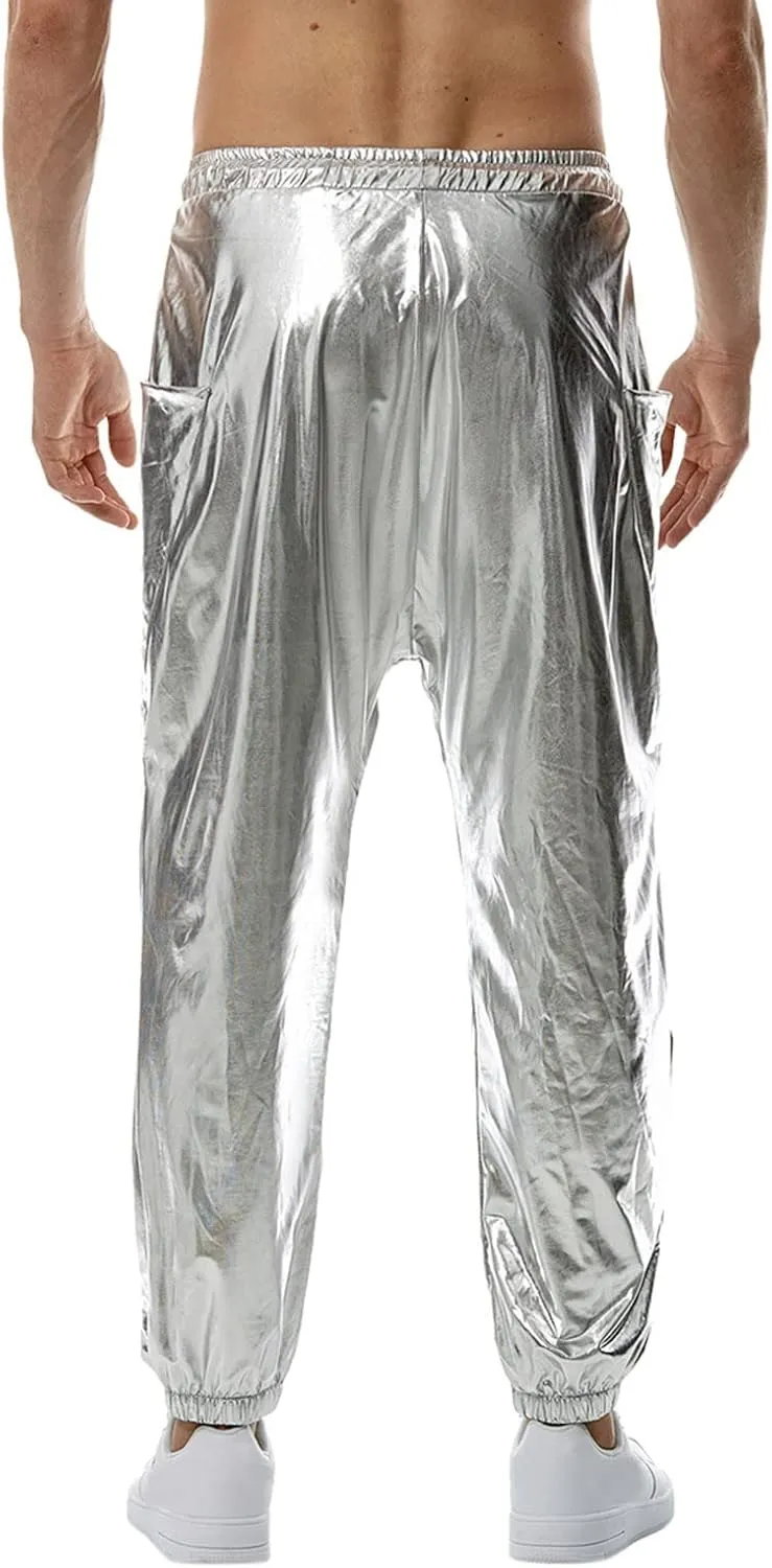 Men's Spring Summer Fashion Causal Pants Overalls Solid Color Bright Leather Trousers Slim Fit Drawstring Joggers