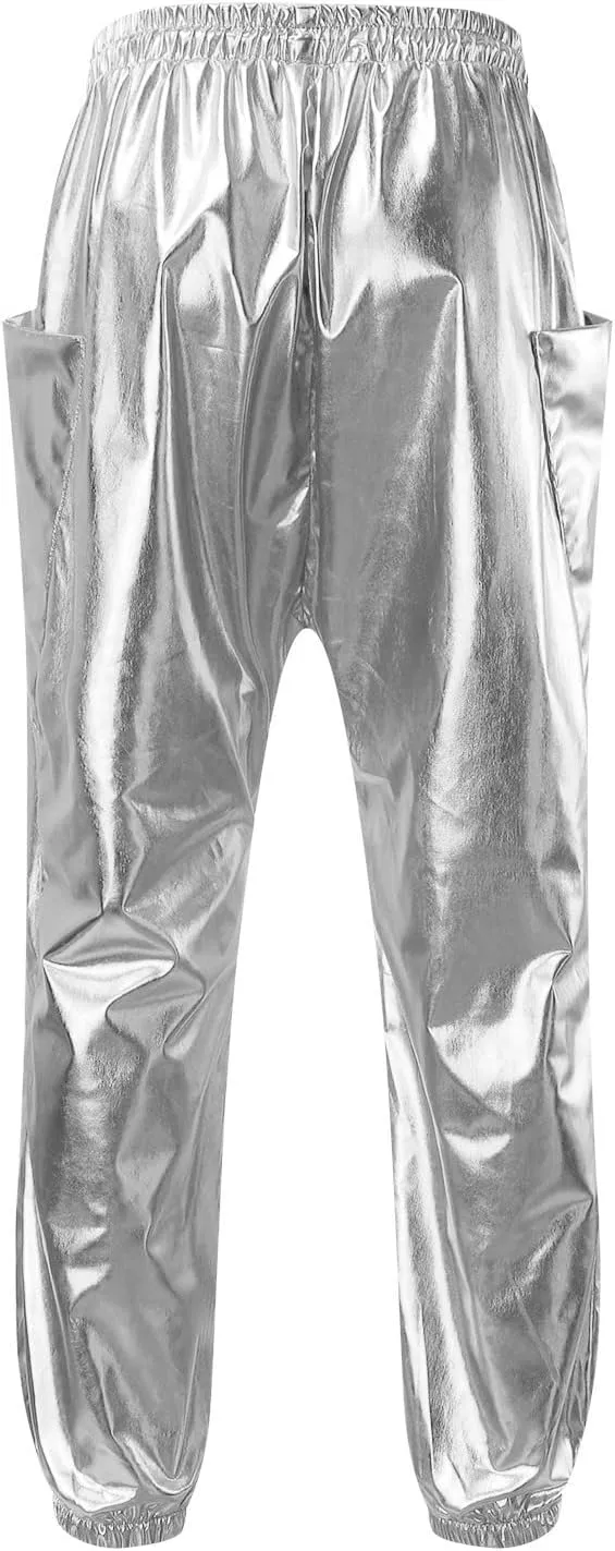 Men's Spring Summer Fashion Causal Pants Overalls Solid Color Bright Leather Trousers Slim Fit Drawstring Joggers
