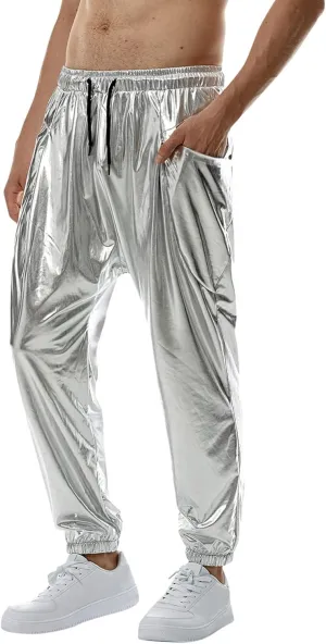 Men's Spring Summer Fashion Causal Pants Overalls Solid Color Bright Leather Trousers Slim Fit Drawstring Joggers