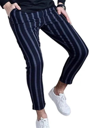 Men's Striped Chinos Pants Slim Fit Drawstring Waist Stretchy Flat Front Skinny Dress Pants with Pockets for Everyday