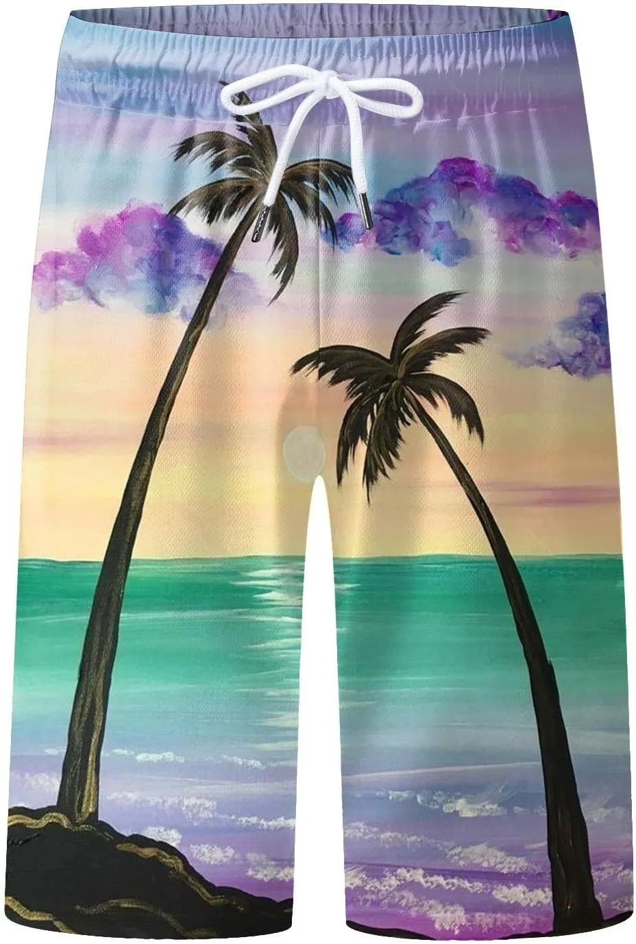Mens Summer Print Beach Shorts Casual Elastic Waist Drawstring Fashion Beach Shorts Loose Fit Bermuda Shorts with Pockets