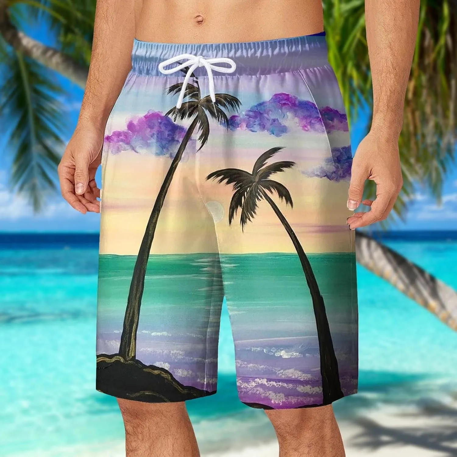 Mens Summer Print Beach Shorts Casual Elastic Waist Drawstring Fashion Beach Shorts Loose Fit Bermuda Shorts with Pockets