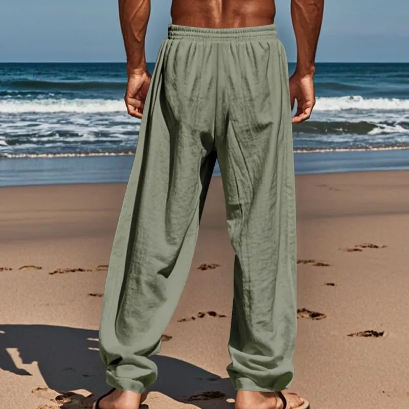Mens Sweatpants Cotton Linen Waist Drawstring Straight Leg Casual Regular Fit Classic Trousers Outdoor Beach Pants