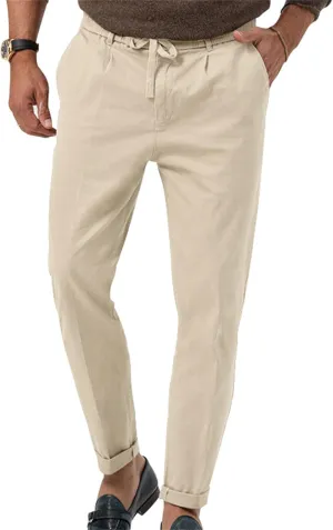 Men's Tapered Linen Pants Lightweight Breathable Casual Elastic Waist Slim Fit with Pockets for Beach Yoga Business
