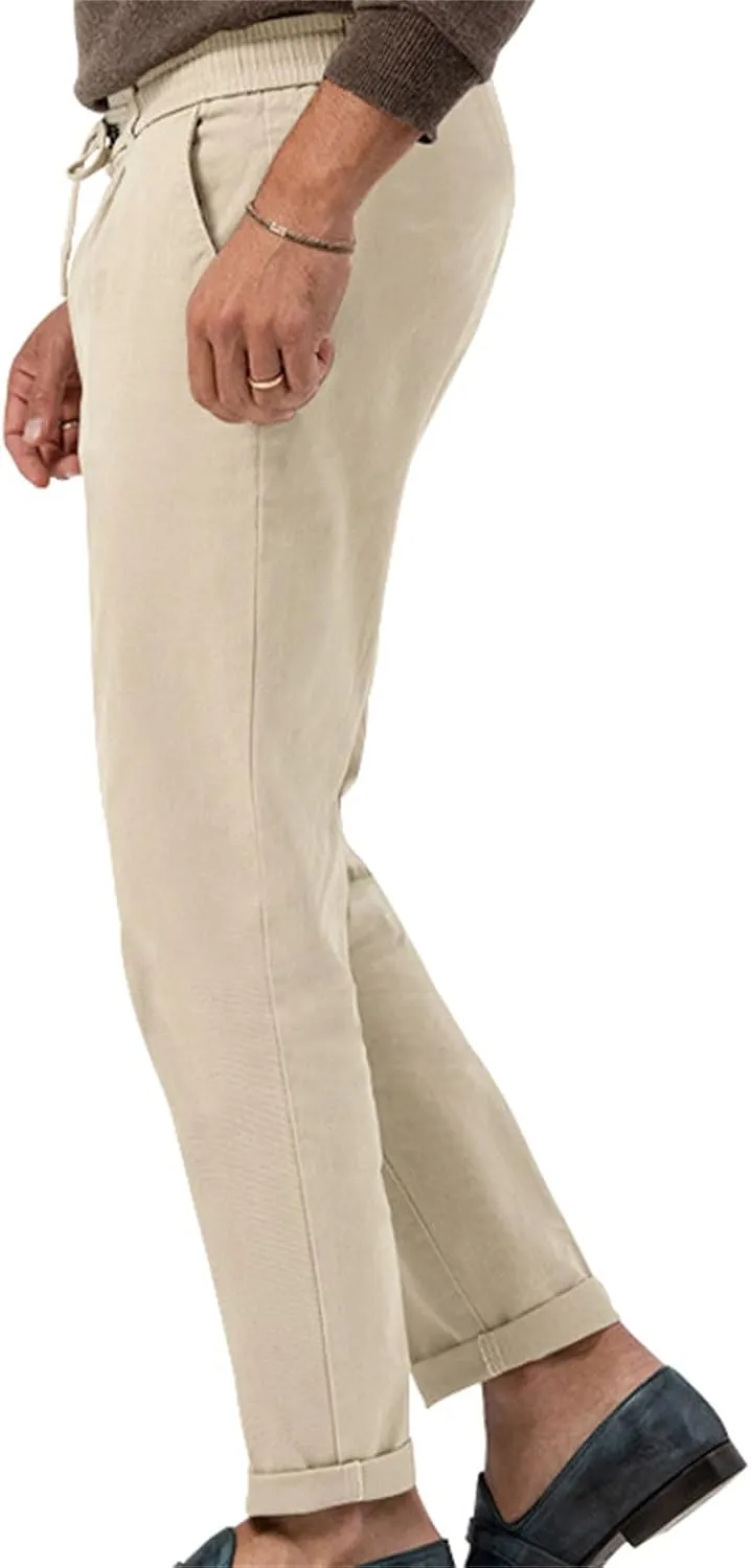 Men's Tapered Linen Pants Lightweight Breathable Casual Elastic Waist Slim Fit with Pockets for Beach Yoga Business