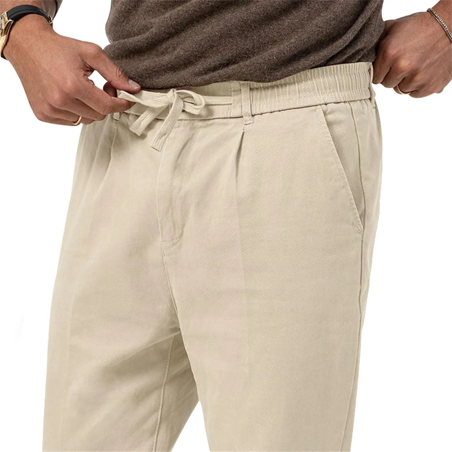 Men's Tapered Linen Pants Lightweight Breathable Casual Elastic Waist Slim Fit with Pockets for Beach Yoga Business