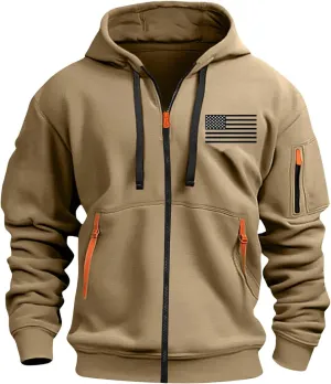 Men's Zipper USA Flag Print Hoodie Graphic Long Sleeve Drawstring Shirts Oversized Patriotic Sweatshirts with Pockets