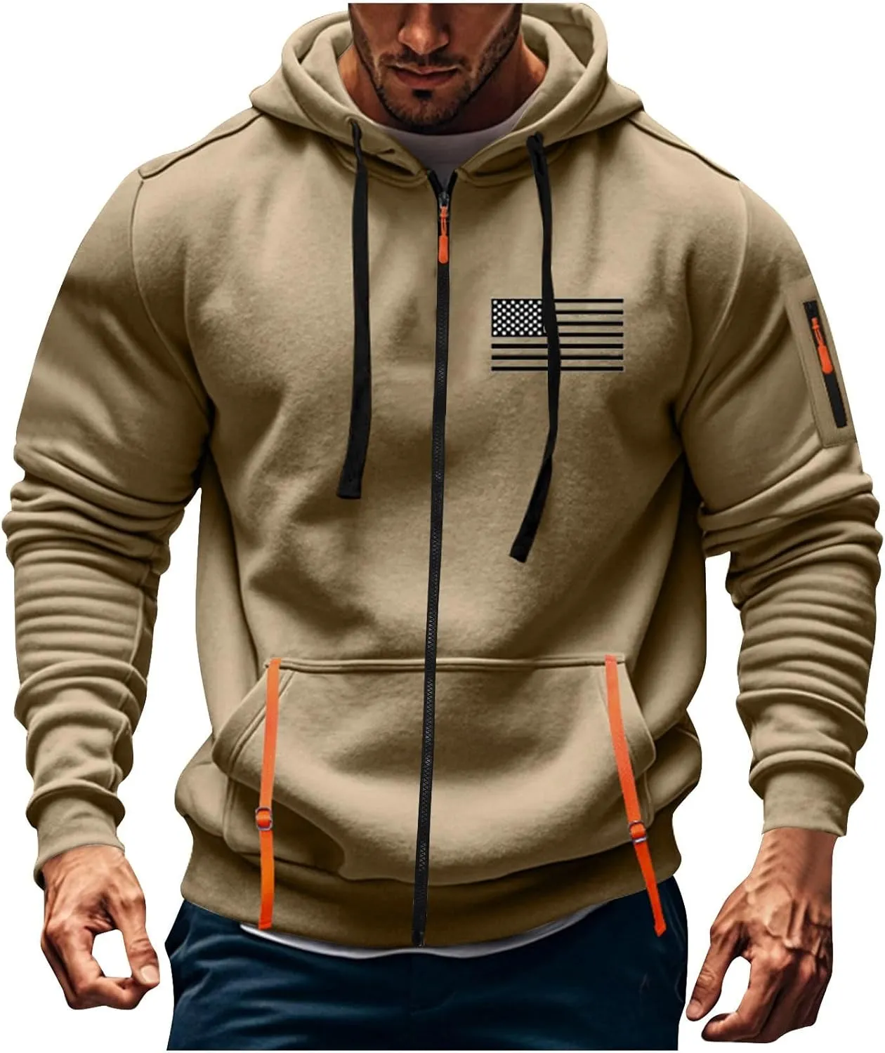 Men's Zipper USA Flag Print Hoodie Graphic Long Sleeve Drawstring Shirts Oversized Patriotic Sweatshirts with Pockets