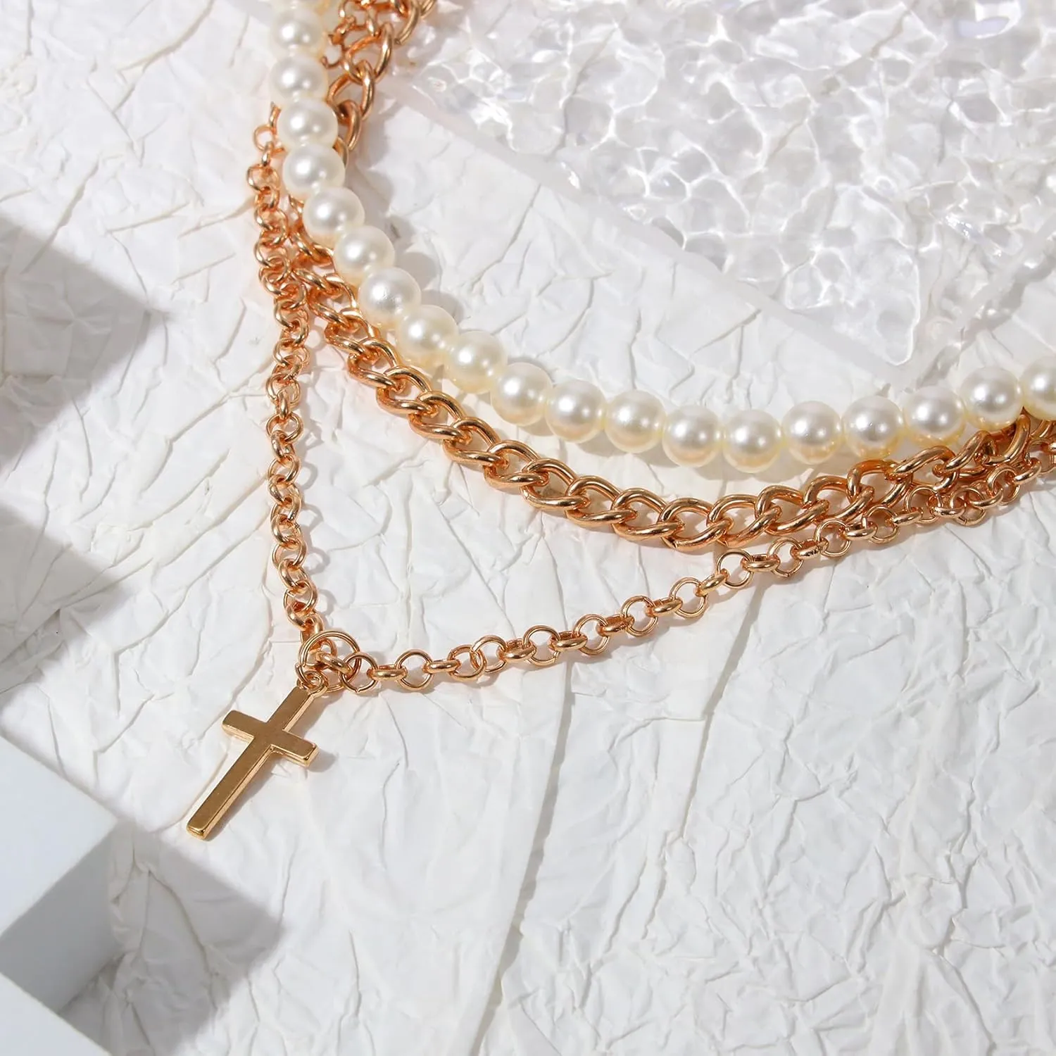 MILAKOO Layered Cross Pearl Necklace for Men Y2K Goth Faith Christian Choker for Women Stacked Necklace