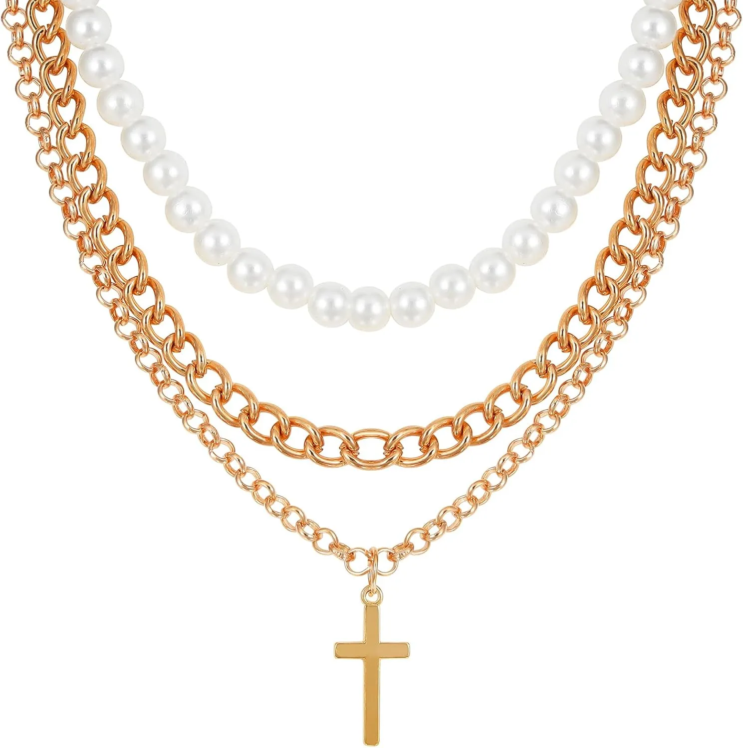MILAKOO Layered Cross Pearl Necklace for Men Y2K Goth Faith Christian Choker for Women Stacked Necklace