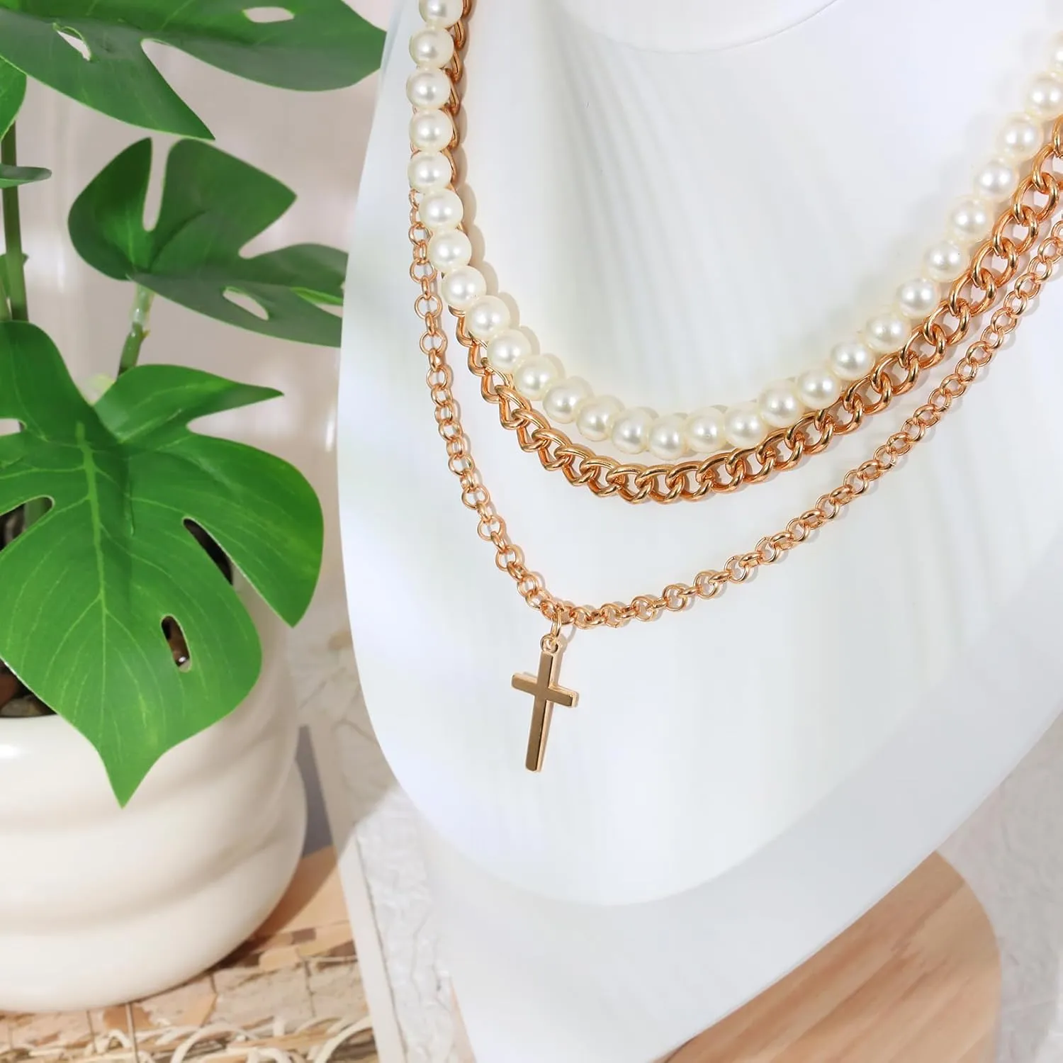 MILAKOO Layered Cross Pearl Necklace for Men Y2K Goth Faith Christian Choker for Women Stacked Necklace