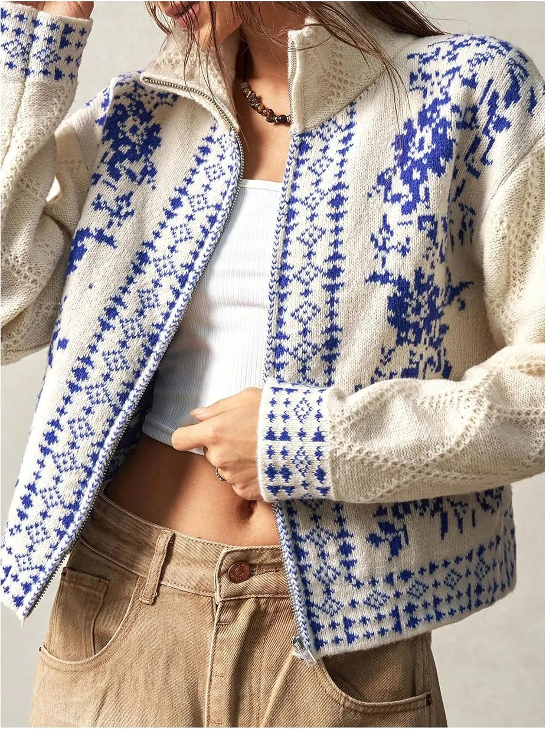 Milumia Women's Zip Cardigan Sweaters Boho Floral Printed Long Sleeve Knitwear Outerwear