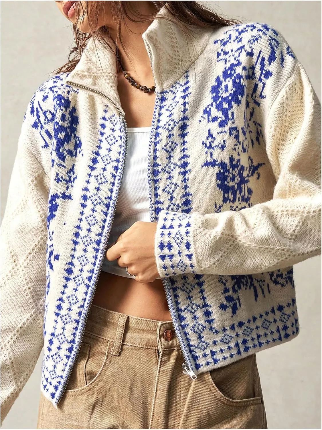 Milumia Women's Zip Cardigan Sweaters Boho Floral Printed Long Sleeve Knitwear Outerwear