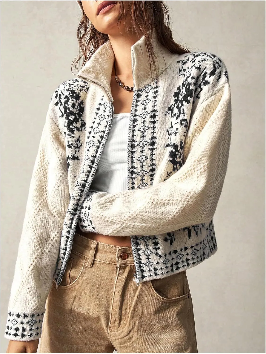 Milumia Women's Zip Cardigan Sweaters Boho Floral Printed Long Sleeve Knitwear Outerwear