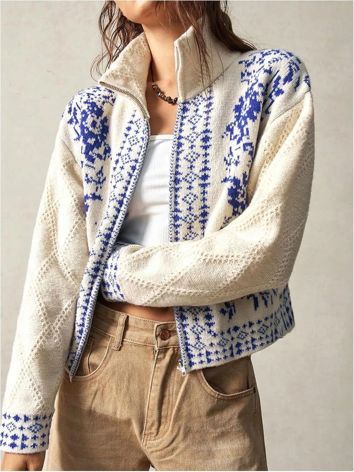 Milumia Women's Zip Cardigan Sweaters Boho Floral Printed Long Sleeve Knitwear Outerwear