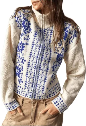 Milumia Women's Zip Cardigan Sweaters Boho Floral Printed Long Sleeve Knitwear Outerwear