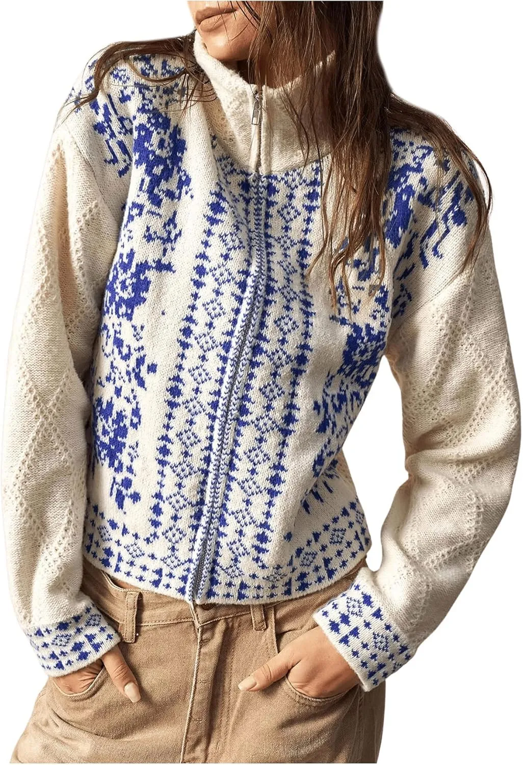 Milumia Women's Zip Cardigan Sweaters Boho Floral Printed Long Sleeve Knitwear Outerwear