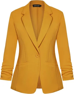 MINTLIMIT Women's Casual Blazer 3/4 Ruched Sleeve Open Front Button Work Office Blazer Jackets with Pockets