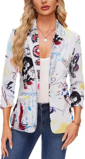 MINTLIMIT Women's Casual Blazer 3/4 Ruched Sleeve Open Front Button Work Office Blazer Jackets with Pockets