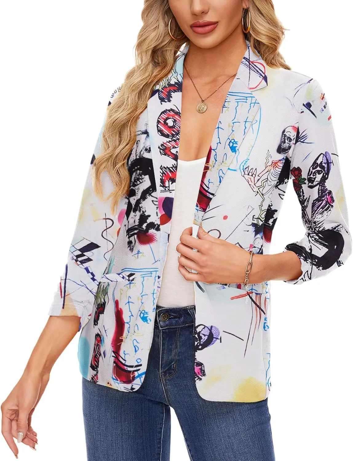 MINTLIMIT Women's Casual Blazer 3/4 Ruched Sleeve Open Front Button Work Office Blazer Jackets with Pockets