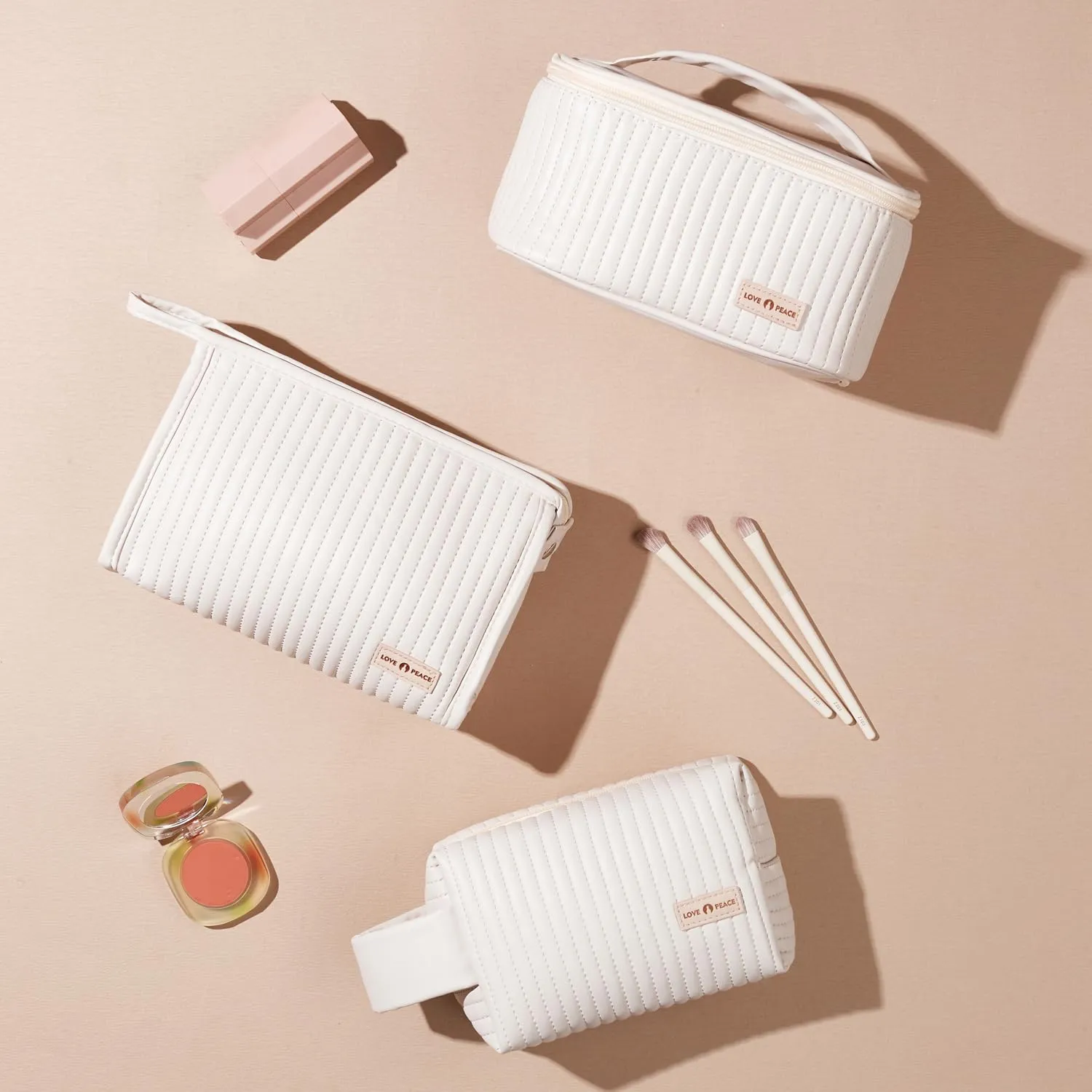 MIRASON Makeup Bag Set of 3 Cute Cosmetic Travel Toiletry Bag Organizer Pouch Set for Women PU Leather Waterproof Toiletry Bag 3 Piece Set, Beige