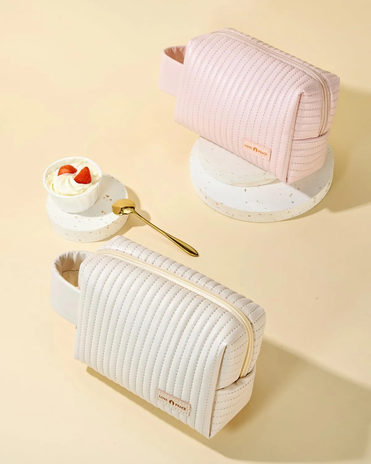 MIRASON Makeup Bag Set of 3 Cute Cosmetic Travel Toiletry Bag Organizer Pouch Set for Women PU Leather Waterproof Toiletry Bag 3 Piece Set, Beige