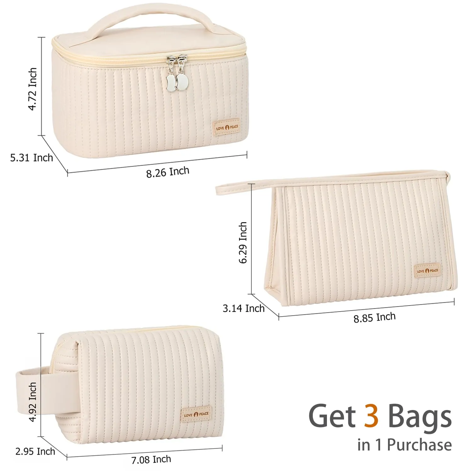 MIRASON Makeup Bag Set of 3 Cute Cosmetic Travel Toiletry Bag Organizer Pouch Set for Women PU Leather Waterproof Toiletry Bag 3 Piece Set, Beige