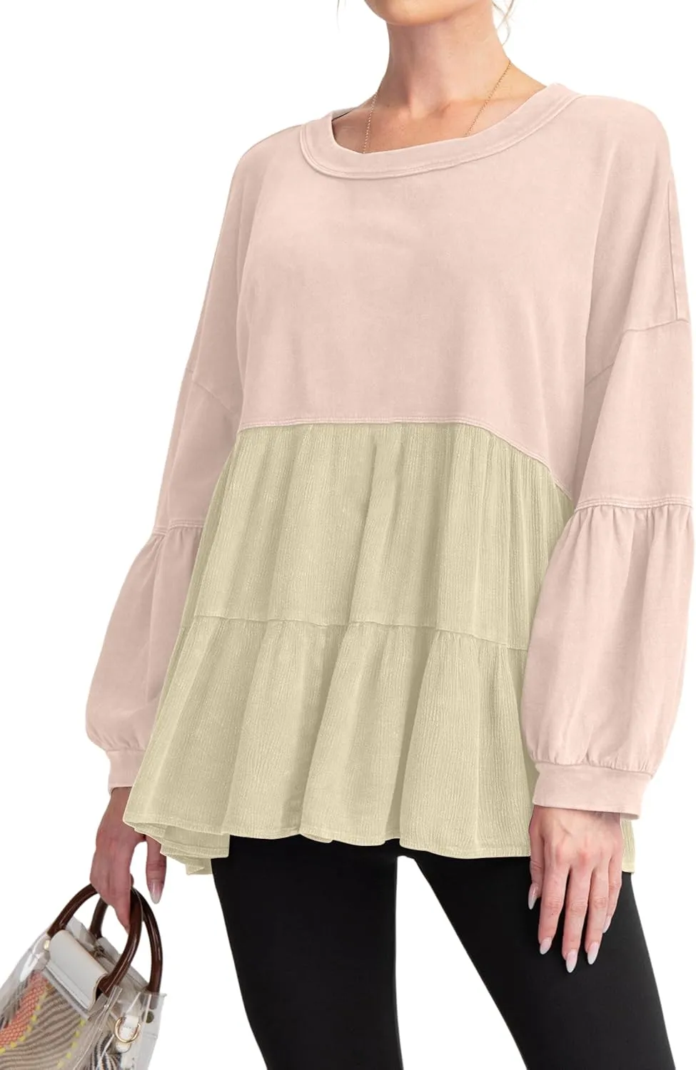 MISSACTIVER Women Peplum Ruffled Hem Patchwork Sweatshirt Babydoll Lantern Sleeve Crewneck Pullover Contrast Flowy Tunic Tops