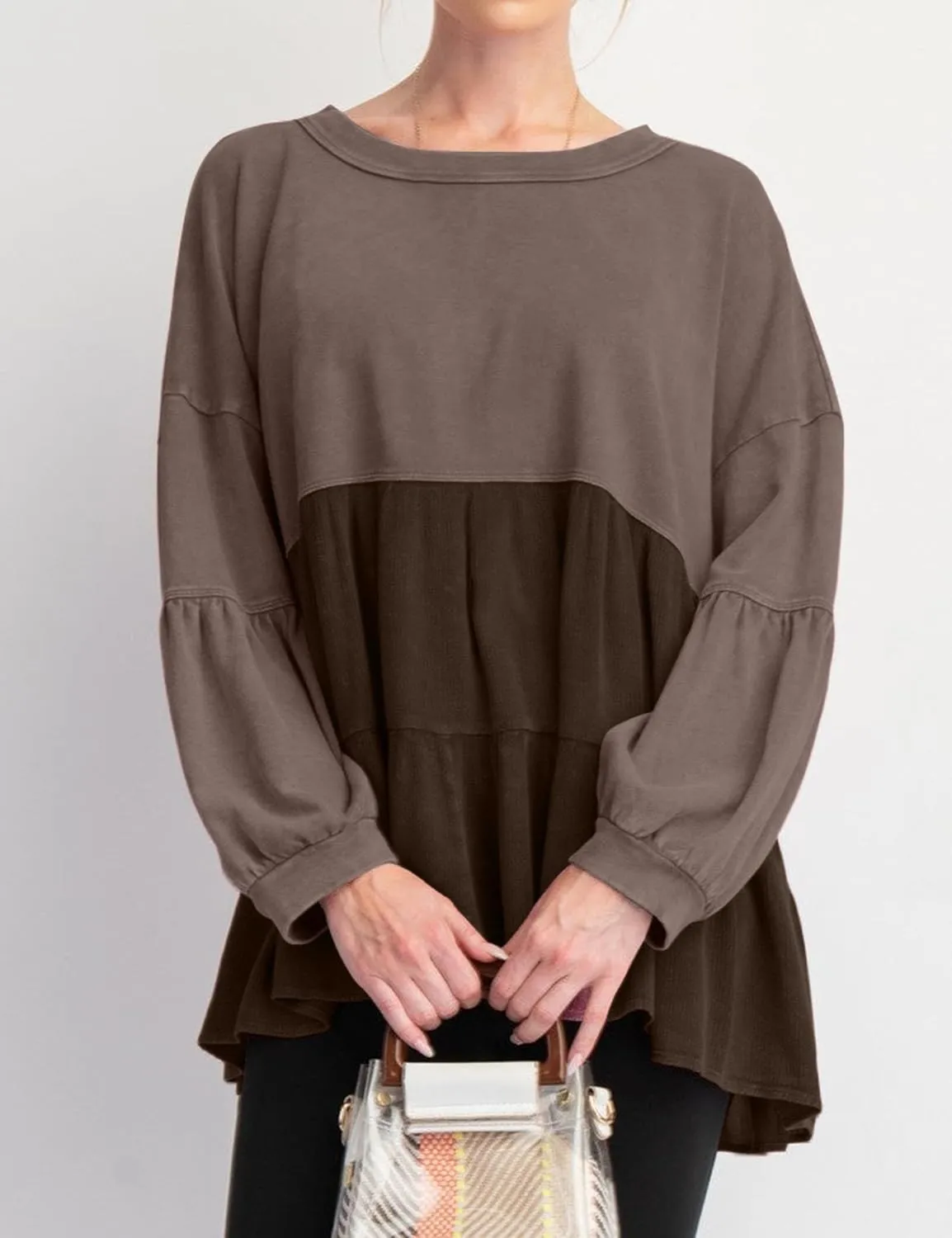 MISSACTIVER Women Peplum Ruffled Hem Patchwork Sweatshirt Babydoll Lantern Sleeve Crewneck Pullover Contrast Flowy Tunic Tops