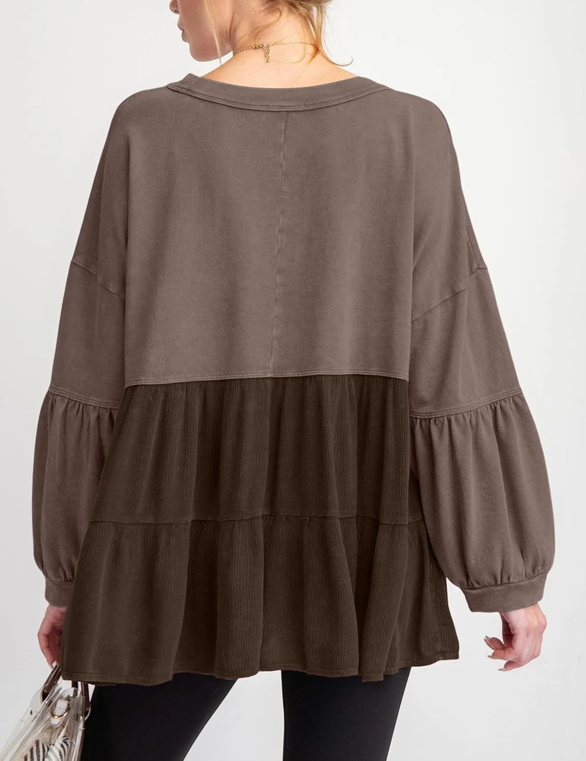 MISSACTIVER Women Peplum Ruffled Hem Patchwork Sweatshirt Babydoll Lantern Sleeve Crewneck Pullover Contrast Flowy Tunic Tops