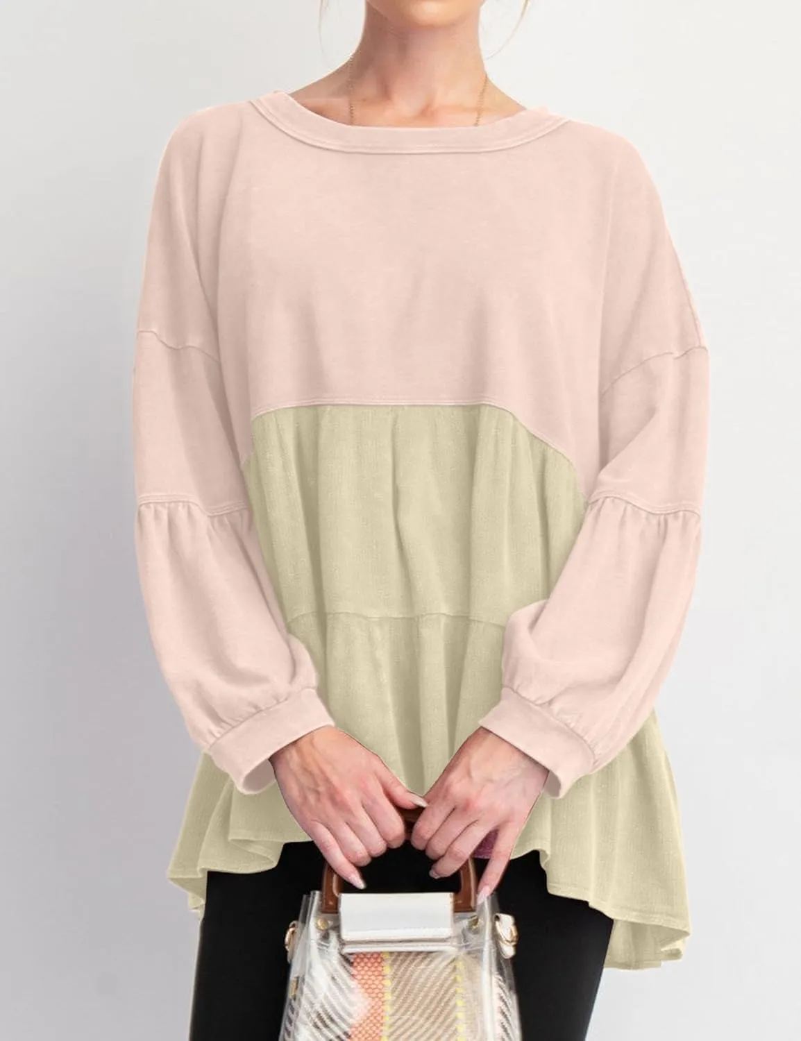 MISSACTIVER Women Peplum Ruffled Hem Patchwork Sweatshirt Babydoll Lantern Sleeve Crewneck Pullover Contrast Flowy Tunic Tops